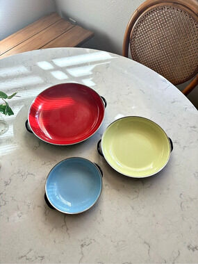 3-Piece vintage MCM Enamel Cookware Set Red & Yellow